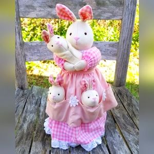 Russ Mama Bunny Rabbit with 3 Babies stuffed plush Easter spring decor